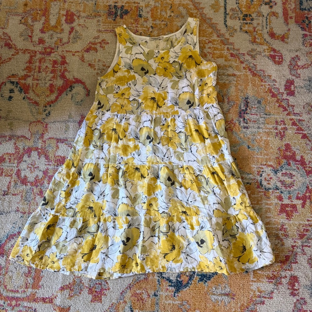 Valentina Naldi Italy Yellow Floral Linen Tiered Sleeveless Midi Dress Womens M